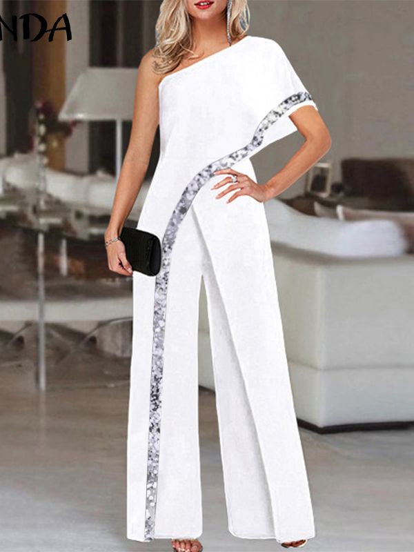 2024 VONDA Women's Summer Rompers Elegant Office Formal Jumpsuits Casual Solid One Shoulder Sexy Loose Party Overalls Oversized Style B White