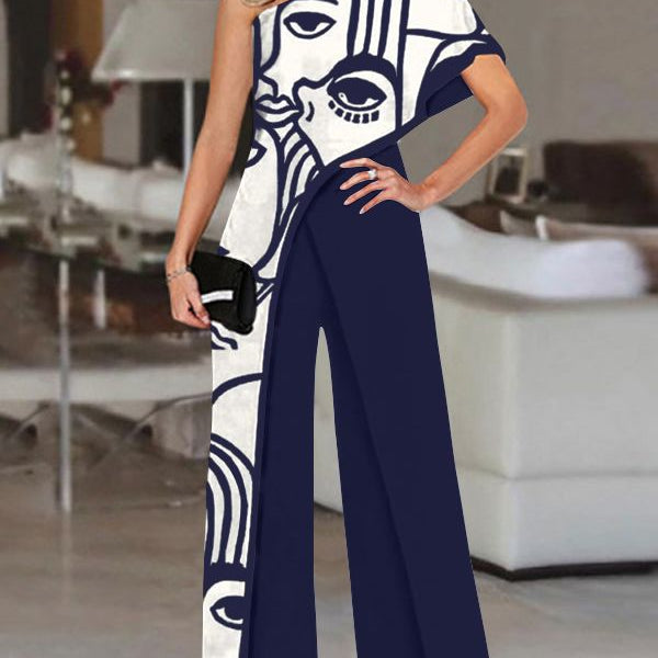 2024 VONDA Women's Summer Rompers Elegant Office Formal Jumpsuits Casual Solid One Shoulder Sexy Loose Party Overalls Oversized Style C Navy