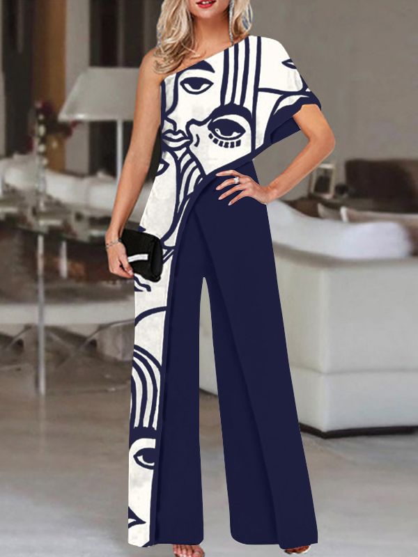2024 VONDA Women's Summer Rompers Elegant Office Formal Jumpsuits Casual Solid One Shoulder Sexy Loose Party Overalls Oversized Style C Navy