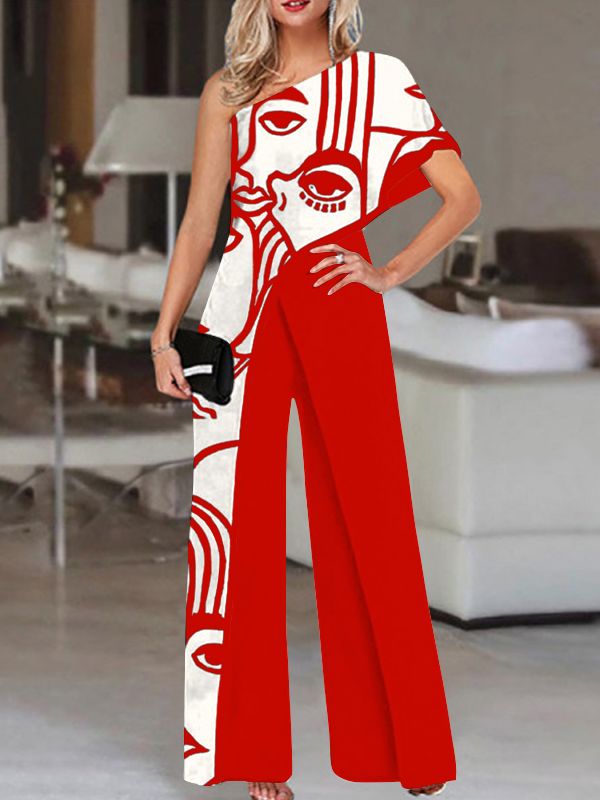 2024 VONDA Women's Summer Rompers Elegant Office Formal Jumpsuits Casual Solid One Shoulder Sexy Loose Party Overalls Oversized Style C Red