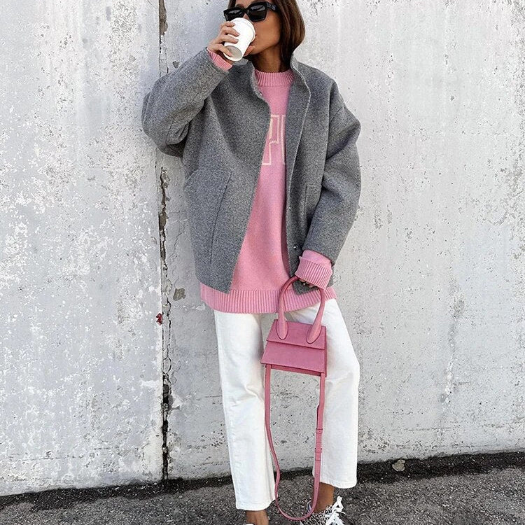 2024 Winter Autumn Women Loose Solid Jacket Long Sleeve Coat Female Baseball Coat Fashion Casual Ladies Minimalism Overcoa