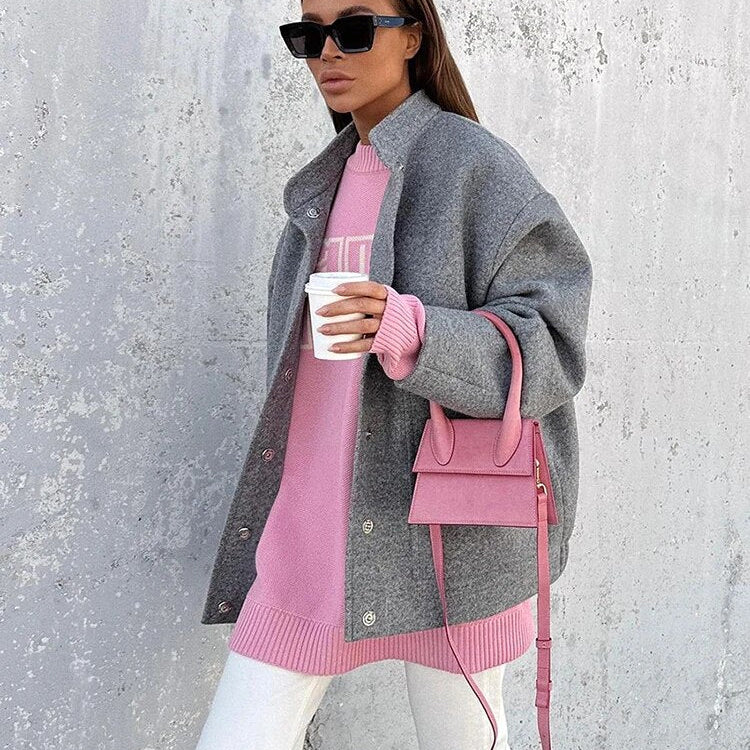 2024 Winter Autumn Women Loose Solid Jacket Long Sleeve Coat Female Baseball Coat Fashion Casual Ladies Minimalism Overcoa