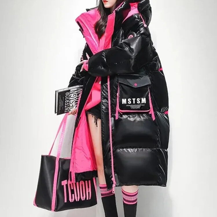 2024 Winter Hooded X-long 90% White Duck Down Coat Women Glossy Waterproof Thick Loose Outerwear Warm Parka Snow Down Jacket