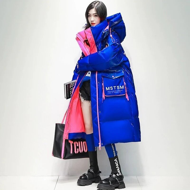 2024 Winter Hooded X-long 90% White Duck Down Coat Women Glossy Waterproof Thick Loose Outerwear Warm Parka Snow Down Jacket Blue