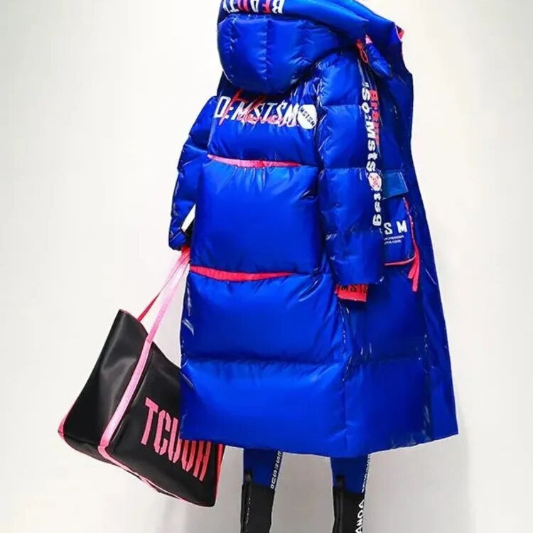 2024 Winter Hooded X-long 90% White Duck Down Coat Women Glossy Waterproof Thick Loose Outerwear Warm Parka Snow Down Jacket