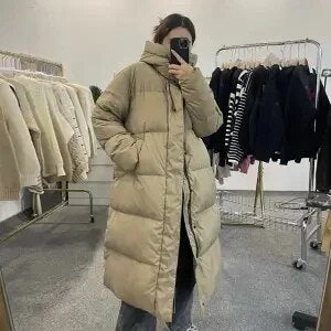 2024 Winter New Long Down Padded Jacket Women Parkas Fashion Thick Warm Cotton Clothes Female Outerwear Loose Overcoat Tide W013 Khaki