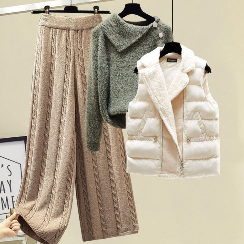 2024 Winter Warm 3 Piece Set For Women Outfits Ladies Knitted Sweater +Lamb Wool Vest+ Wide Leg Twist Pants Set Womens Clothing 3 Pcs Set 5