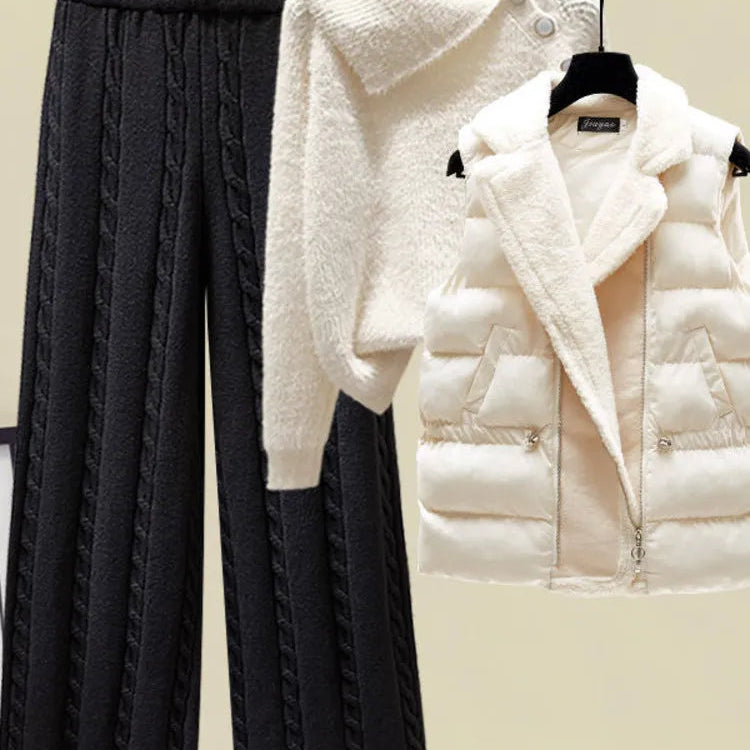 2024 Winter Warm 3 Piece Set For Women Outfits Ladies Knitted Sweater +Lamb Wool Vest+ Wide Leg Twist Pants Set Womens Clothing
