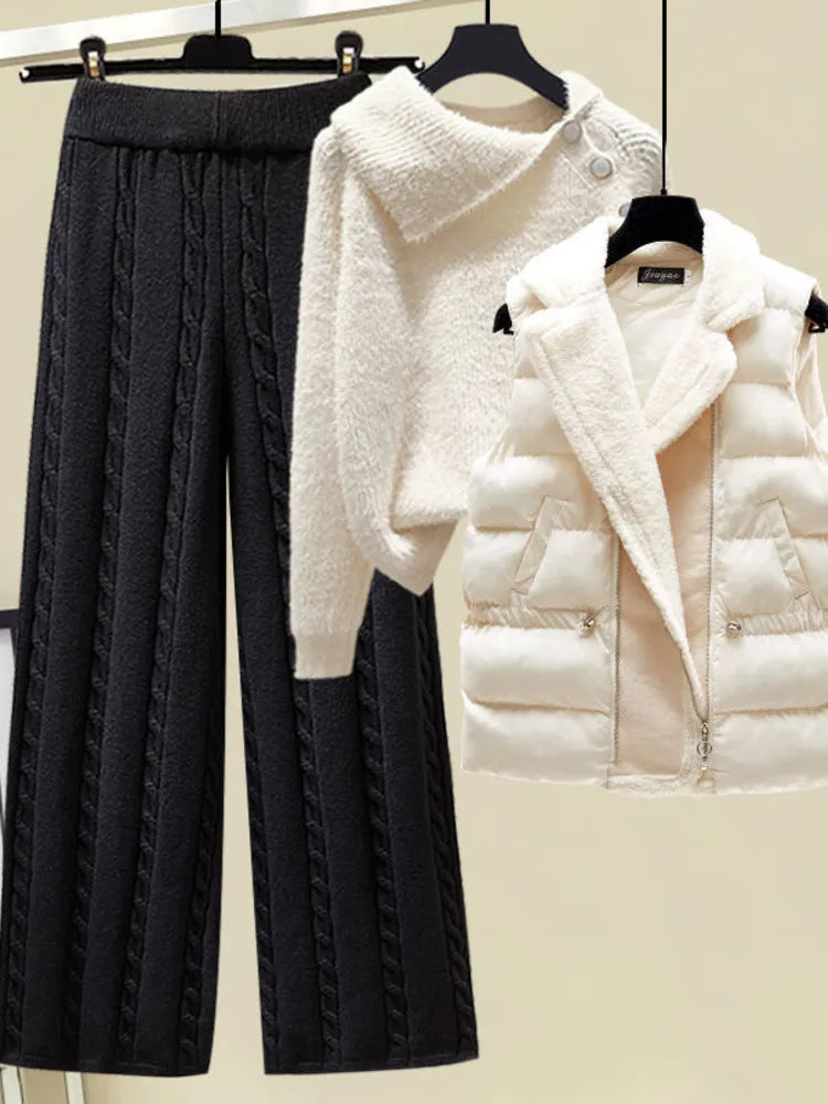 2024 Winter Warm 3 Piece Set For Women Outfits Ladies Knitted Sweater +Lamb Wool Vest+ Wide Leg Twist Pants Set Womens Clothing
