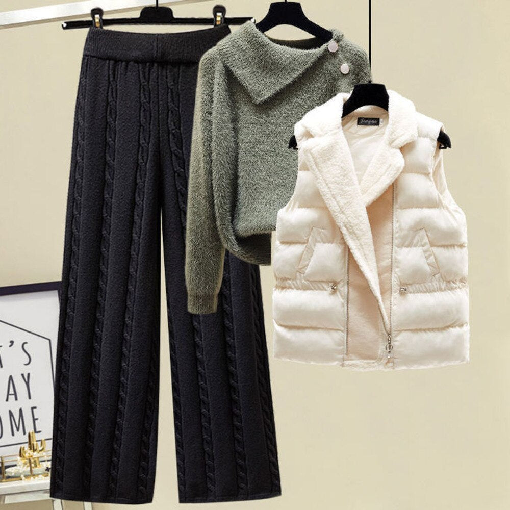 2024 Winter Warm 3 Piece Set For Women Outfits Ladies Knitted Sweater +Lamb Wool Vest+ Wide Leg Twist Pants Set Womens Clothing 3 Pcs Set 1