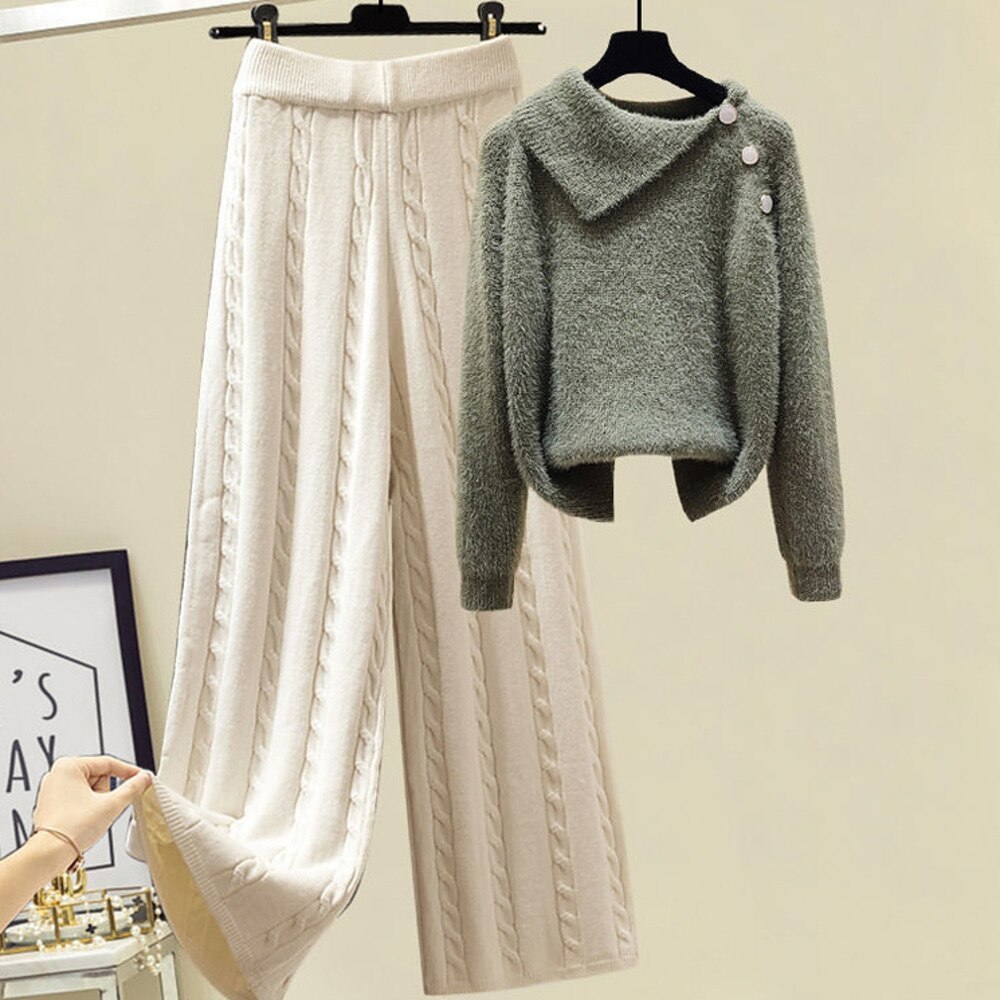 2024 Winter Warm 3 Piece Set For Women Outfits Ladies Knitted Sweater +Lamb Wool Vest+ Wide Leg Twist Pants Set Womens Clothing 2 Pcs Set 1