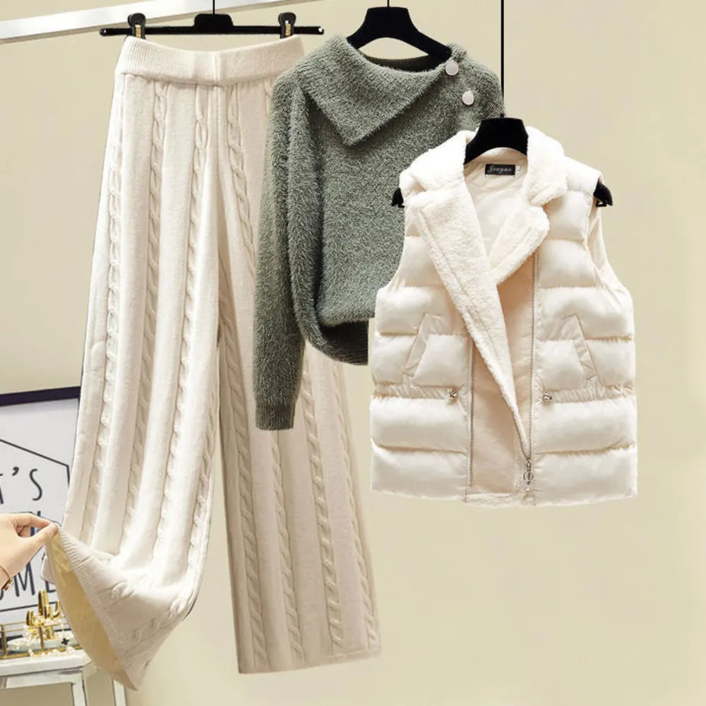2024 Winter Warm 3 Piece Set For Women Outfits Ladies Knitted Sweater +Lamb Wool Vest+ Wide Leg Twist Pants Set Womens Clothing 3 Pcs Set