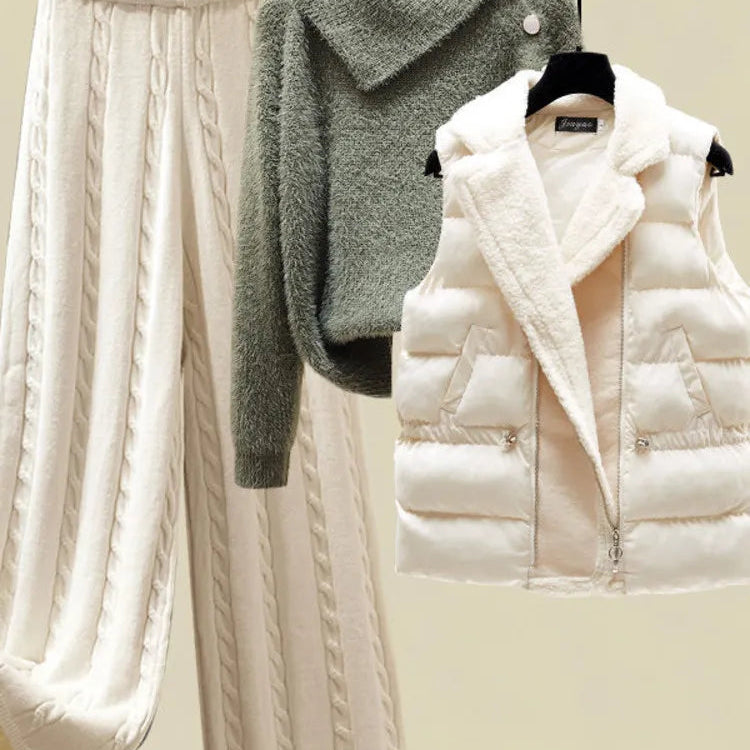 2024 Winter Warm 3 Piece Set For Women Outfits Ladies Knitted Sweater +Lamb Wool Vest+ Wide Leg Twist Pants Set Womens Clothing