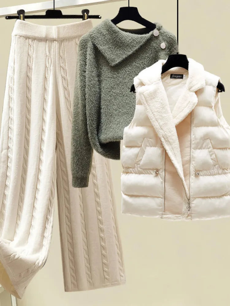 2024 Winter Warm 3 Piece Set For Women Outfits Ladies Knitted Sweater +Lamb Wool Vest+ Wide Leg Twist Pants Set Womens Clothing