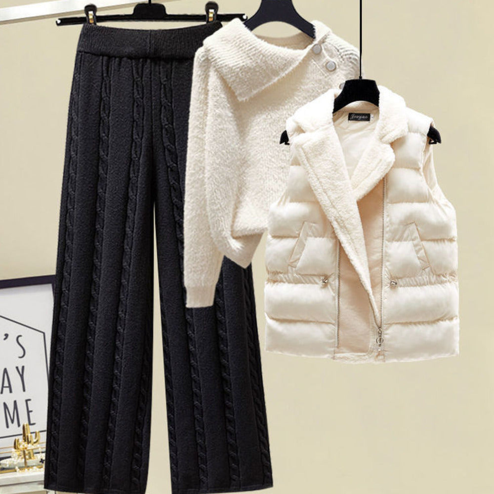 2024 Winter Warm 3 Piece Set For Women Outfits Ladies Knitted Sweater +Lamb Wool Vest+ Wide Leg Twist Pants Set Womens Clothing 3 Pcs Set 3
