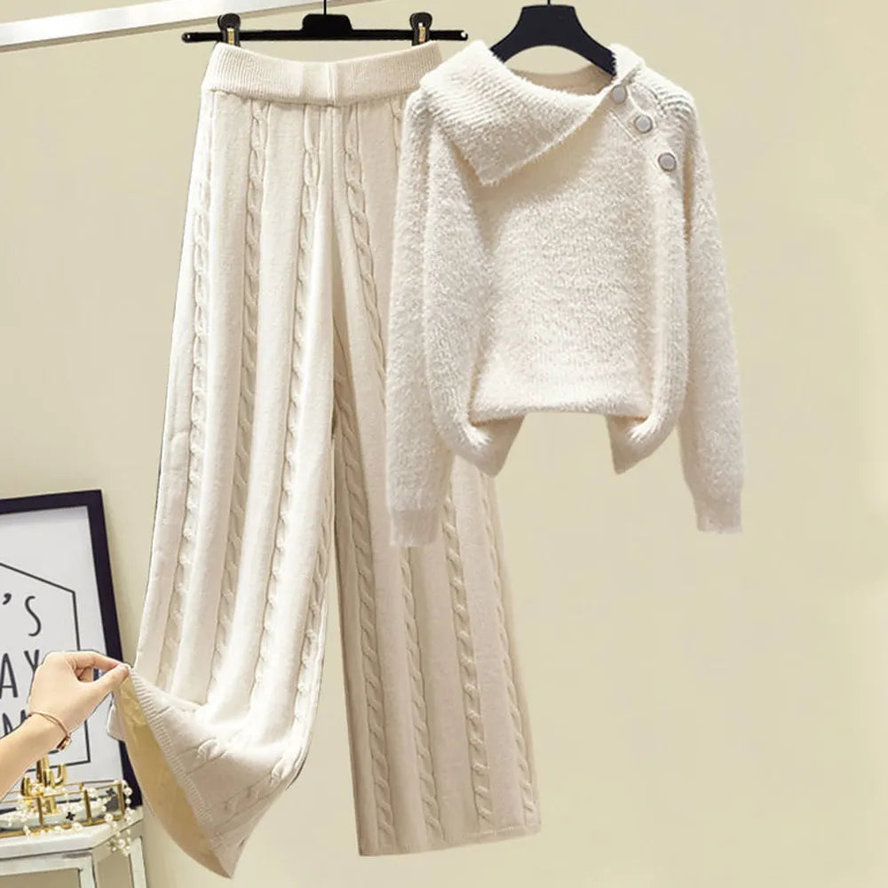 2024 Winter Warm 3 Piece Set For Women Outfits Ladies Knitted Sweater +Lamb Wool Vest+ Wide Leg Twist Pants Set Womens Clothing 2 Pcs Set 5