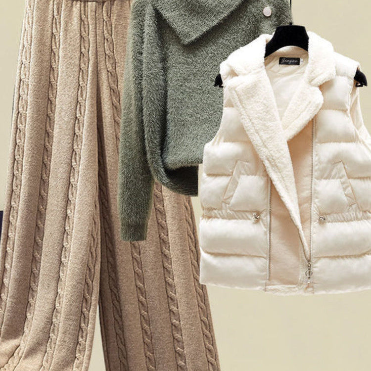 2024 Winter Warm 3 Piece Set For Women Outfits Ladies Knitted Sweater +Lamb Wool Vest+ Wide Leg Twist Pants Set Womens Clothing