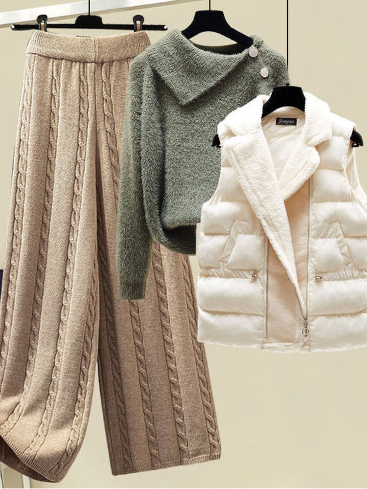 2024 Winter Warm 3 Piece Set For Women Outfits Ladies Knitted Sweater +Lamb Wool Vest+ Wide Leg Twist Pants Set Womens Clothing