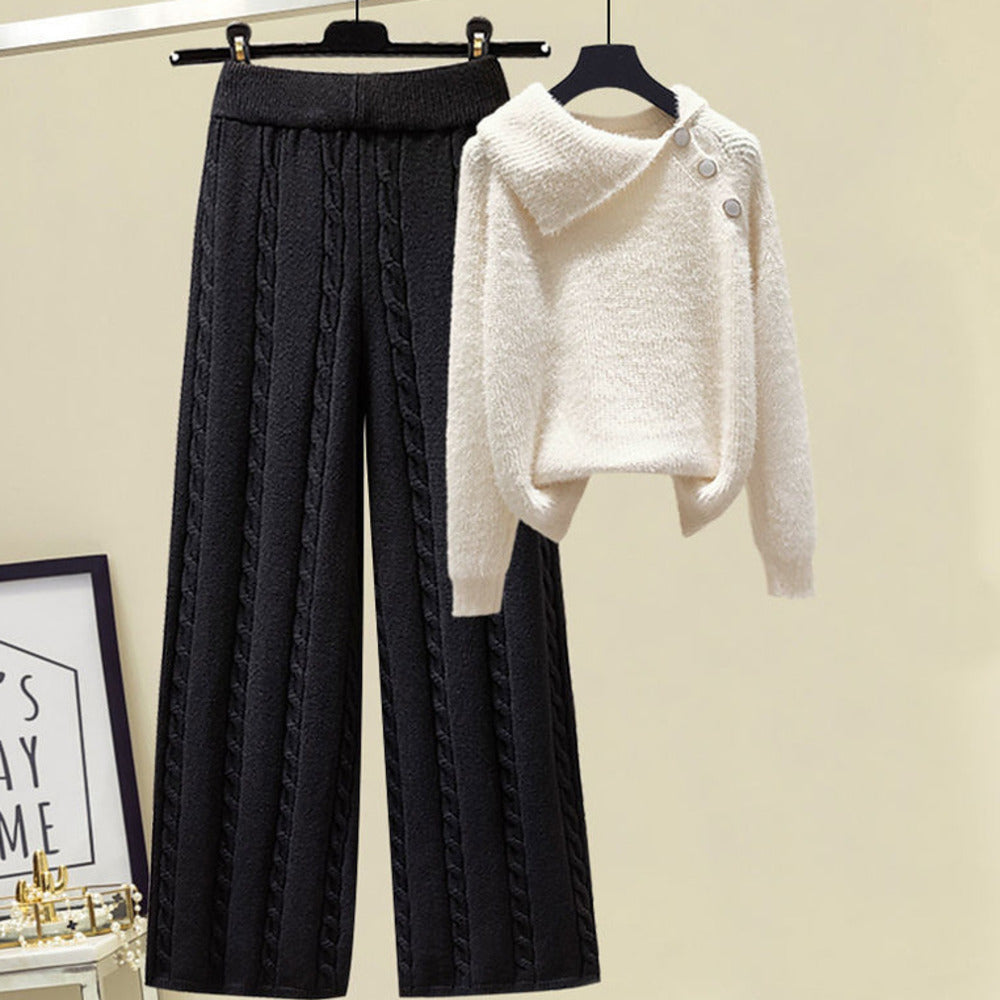 2024 Winter Warm 3 Piece Set For Women Outfits Ladies Knitted Sweater +Lamb Wool Vest+ Wide Leg Twist Pants Set Womens Clothing 2 Pcs Set 4