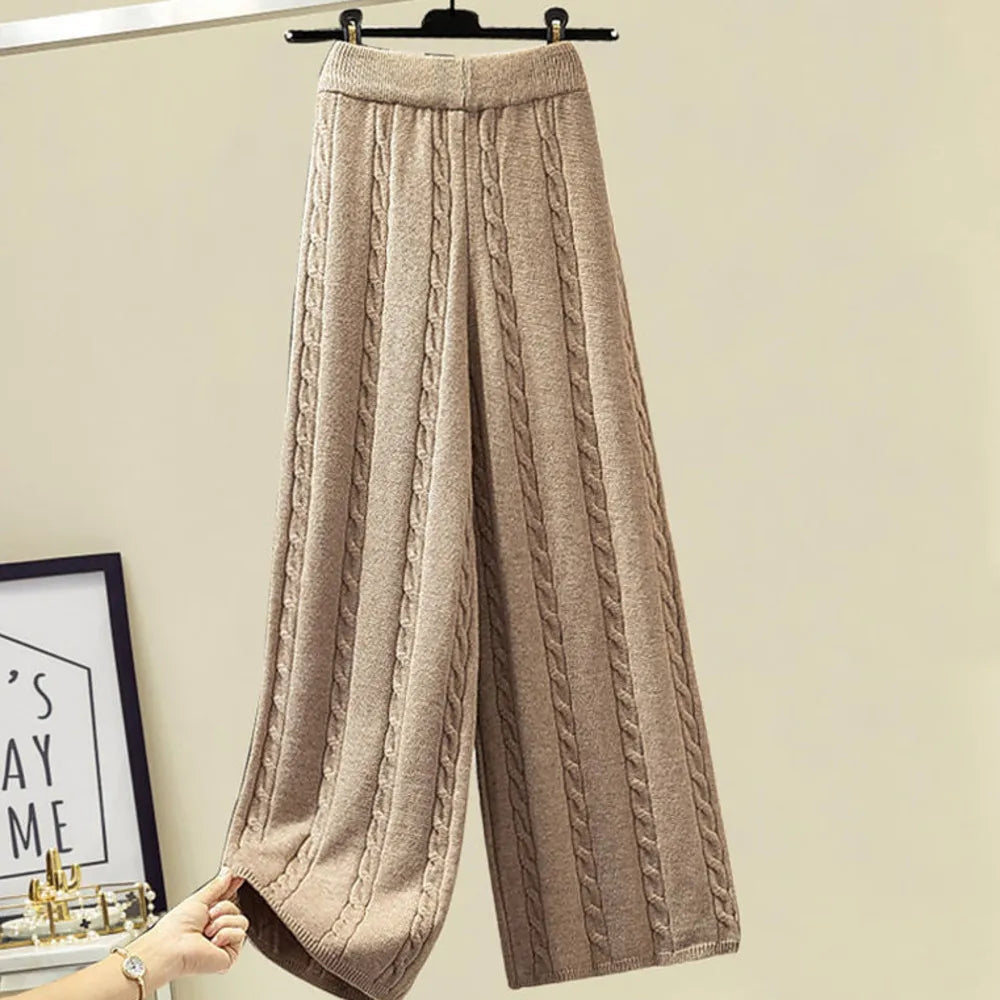 2024 Winter Warm 3 Piece Set For Women Outfits Ladies Knitted Sweater +Lamb Wool Vest+ Wide Leg Twist Pants Set Womens Clothing Pants