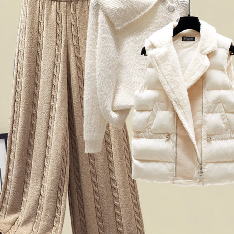 2024 Winter Warm 3 Piece Set For Women Outfits Ladies Knitted Sweater +Lamb Wool Vest+ Wide Leg Twist Pants Set Womens Clothing