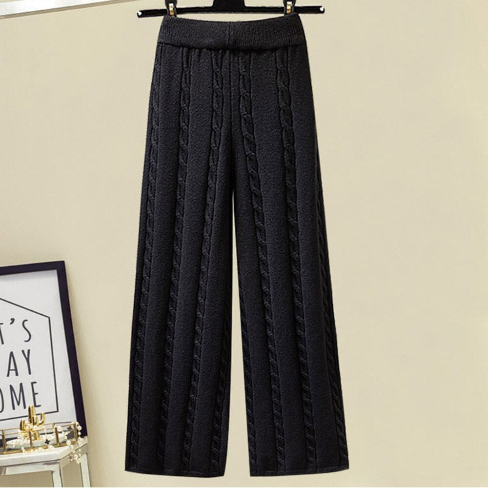 2024 Winter Warm 3 Piece Set For Women Outfits Ladies Knitted Sweater +Lamb Wool Vest+ Wide Leg Twist Pants Set Womens Clothing Pants 2