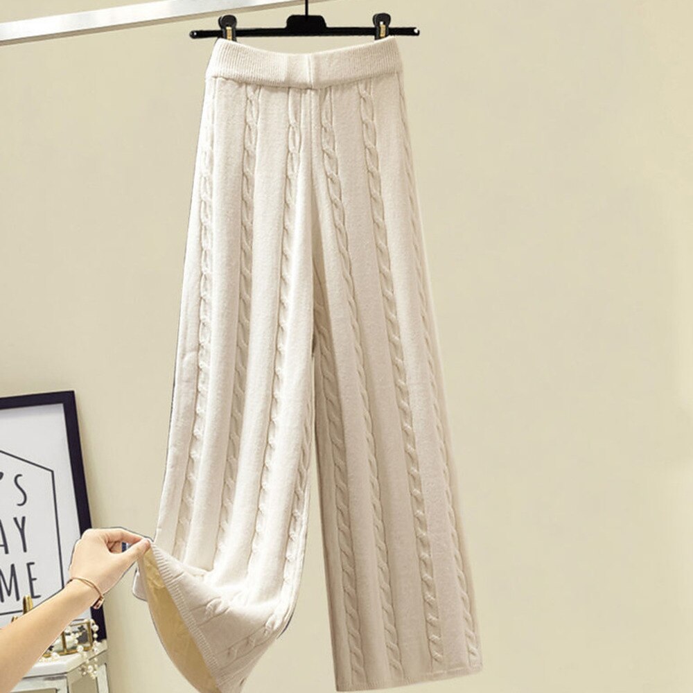 2024 Winter Warm 3 Piece Set For Women Outfits Ladies Knitted Sweater +Lamb Wool Vest+ Wide Leg Twist Pants Set Womens Clothing Pants 1