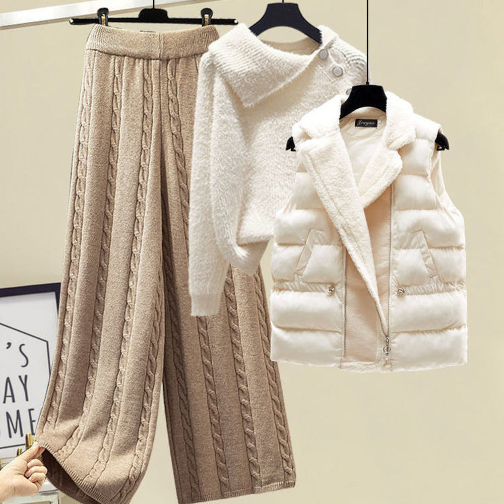 2024 Winter Warm 3 Piece Set For Women Outfits Ladies Knitted Sweater +Lamb Wool Vest+ Wide Leg Twist Pants Set Womens Clothing 3 Pcs Set 2