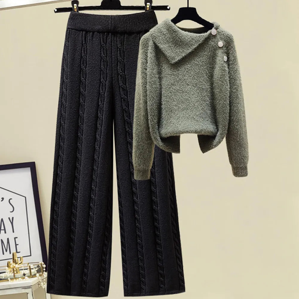 2024 Winter Warm 3 Piece Set For Women Outfits Ladies Knitted Sweater +Lamb Wool Vest+ Wide Leg Twist Pants Set Womens Clothing 2 Pcs Set