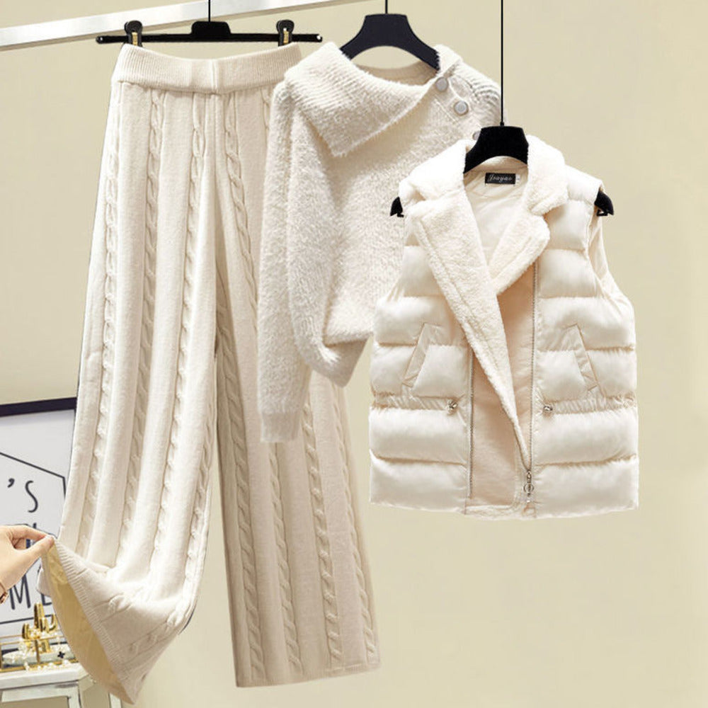 2024 Winter Warm 3 Piece Set For Women Outfits Ladies Knitted Sweater +Lamb Wool Vest+ Wide Leg Twist Pants Set Womens Clothing 3 Pcs Set 4