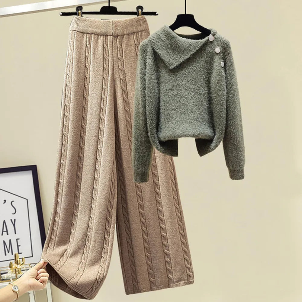 2024 Winter Warm 3 Piece Set For Women Outfits Ladies Knitted Sweater +Lamb Wool Vest+ Wide Leg Twist Pants Set Womens Clothing 2 Pcs Set 2