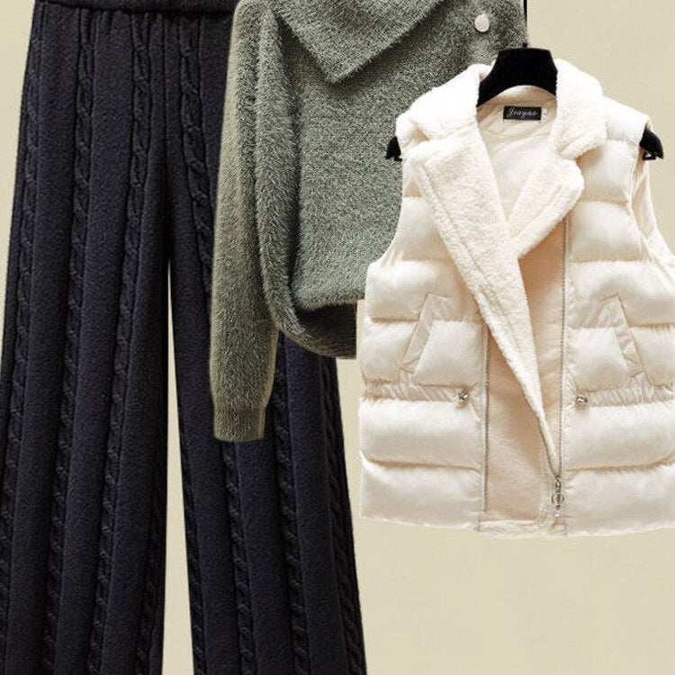 2024 Winter Warm 3 Piece Set For Women Outfits Ladies Knitted Sweater +Lamb Wool Vest+ Wide Leg Twist Pants Set Womens Clothing