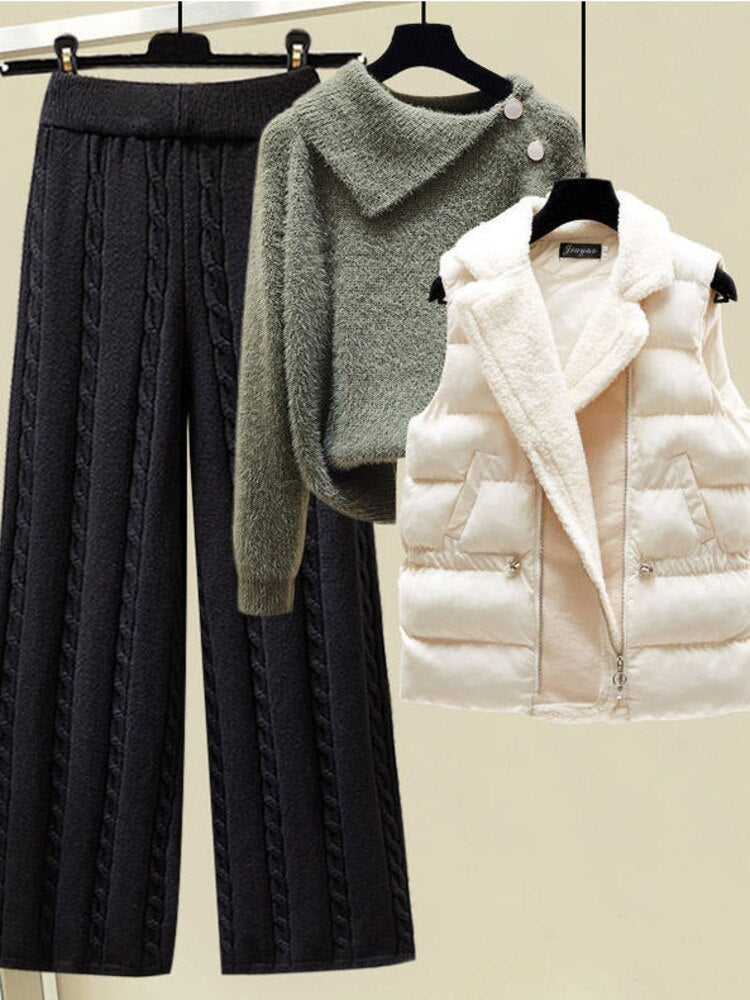 2024 Winter Warm 3 Piece Set For Women Outfits Ladies Knitted Sweater +Lamb Wool Vest+ Wide Leg Twist Pants Set Womens Clothing