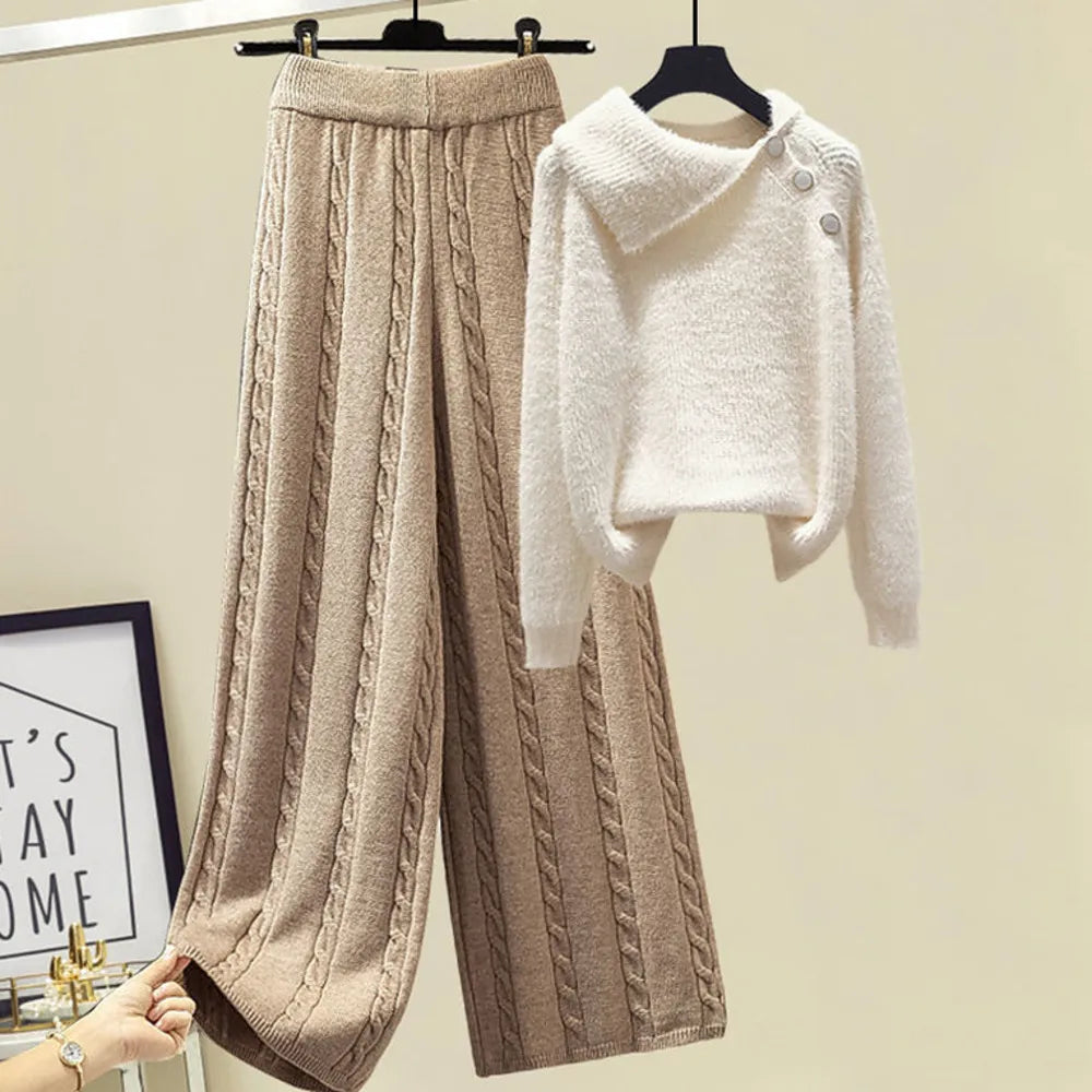 2024 Winter Warm 3 Piece Set For Women Outfits Ladies Knitted Sweater +Lamb Wool Vest+ Wide Leg Twist Pants Set Womens Clothing 2 Pcs Set 3
