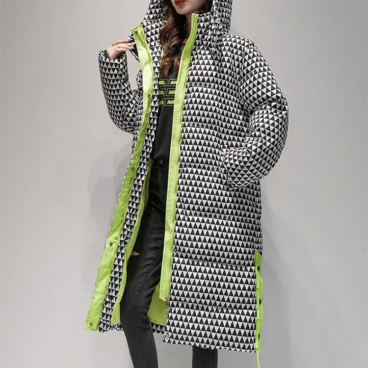 2024 Winter Warm Parka Plaid Long Sonw Coat Women's Fashion Thicken Hooded Puffer Jacket Female Windproof Warm Outwear AMAIO