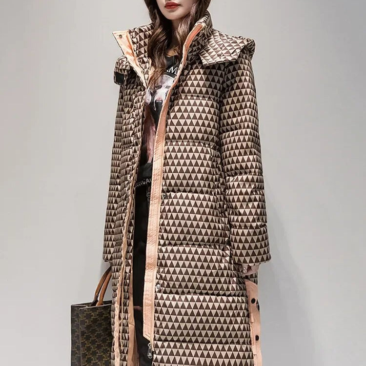 2024 Winter Warm Parka Plaid Long Sonw Coat Women's Fashion Thicken Hooded Puffer Jacket Female Windproof Warm Outwear