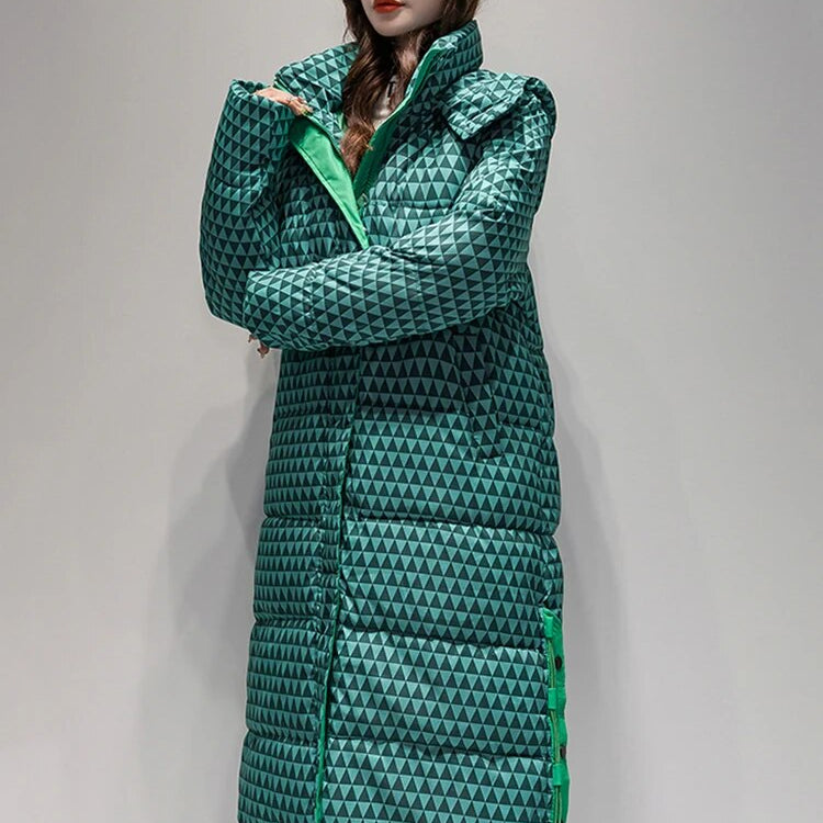 2024 Winter Warm Parka Plaid Long Sonw Coat Women's Fashion Thicken Hooded Puffer Jacket Female Windproof Warm Outwear Green