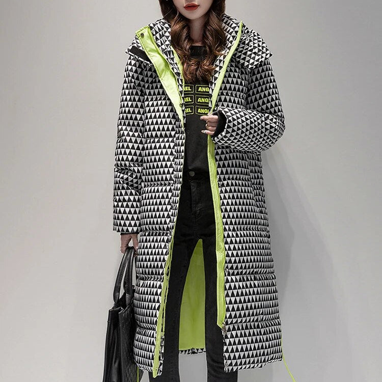 2024 Winter Warm Parka Plaid Long Sonw Coat Women's Fashion Thicken Hooded Puffer Jacket Female Windproof Warm Outwear Black