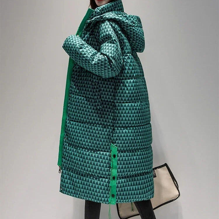 2024 Winter Warm Parka Plaid Long Sonw Coat Women's Fashion Thicken Hooded Puffer Jacket Female Windproof Warm Outwear