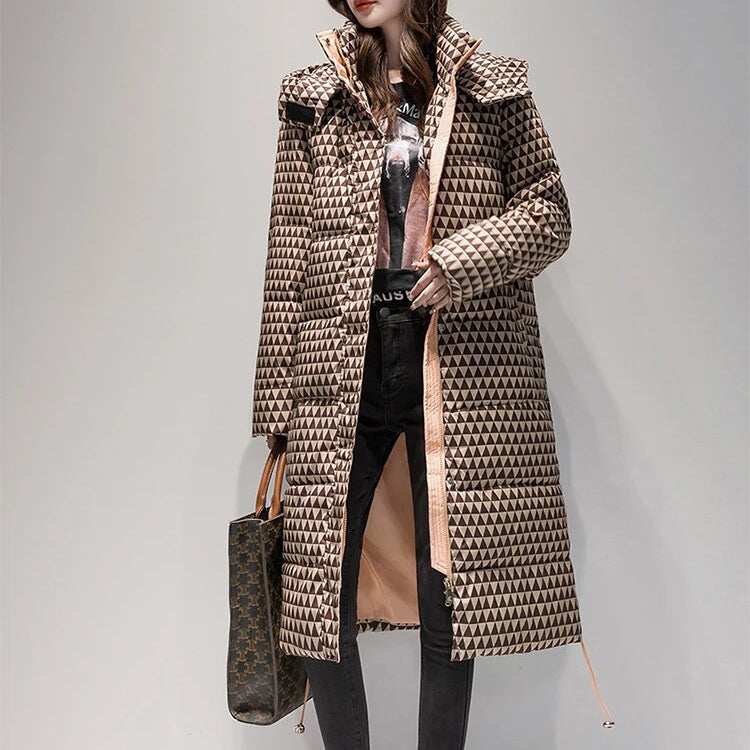 2024 Winter Warm Parka Plaid Long Sonw Coat Women's Fashion Thicken Hooded Puffer Jacket Female Windproof Warm Outwear Khaki