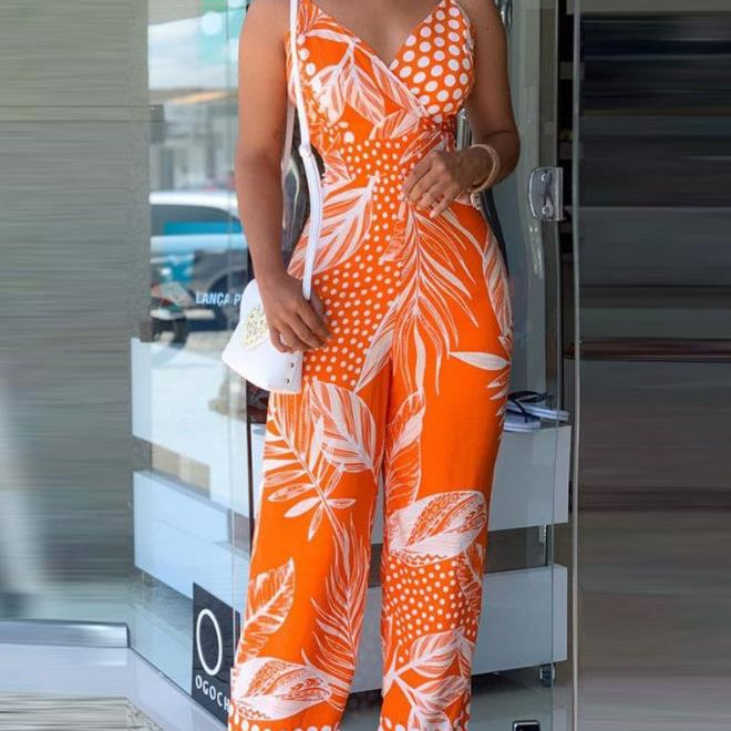 2024 Woman Long Jumpsuits Elegant Sexy Tropical Print New Fashion Spaghetti Strap Jumpsuit Casual Female Clothing Outfits Summer