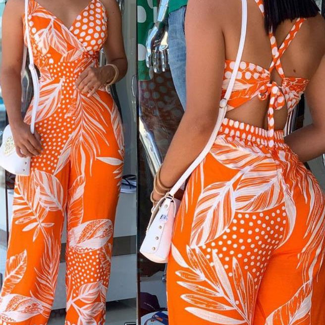 2024 Woman Long Jumpsuits Elegant Sexy Tropical Print New Fashion Spaghetti Strap Jumpsuit Casual Female Clothing Outfits Summer AMAIO