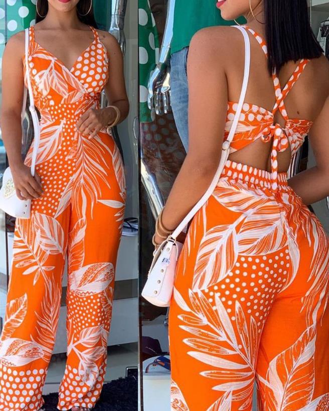 2024 Woman Long Jumpsuits Elegant Sexy Tropical Print New Fashion Spaghetti Strap Jumpsuit Casual Female Clothing Outfits Summer A