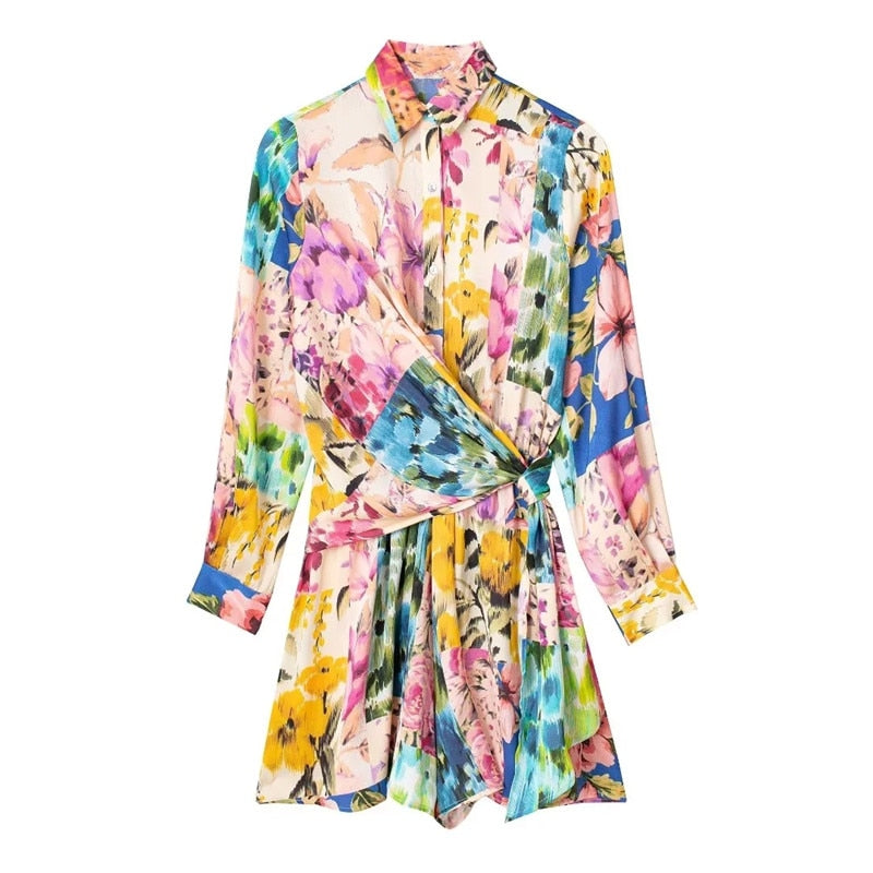 2024 Woman Short Playsuit Patchwork Print Female Jumpsuit Knot Long Sleeve Women's Summer Playsuit Beach Women Jumpsuits Print