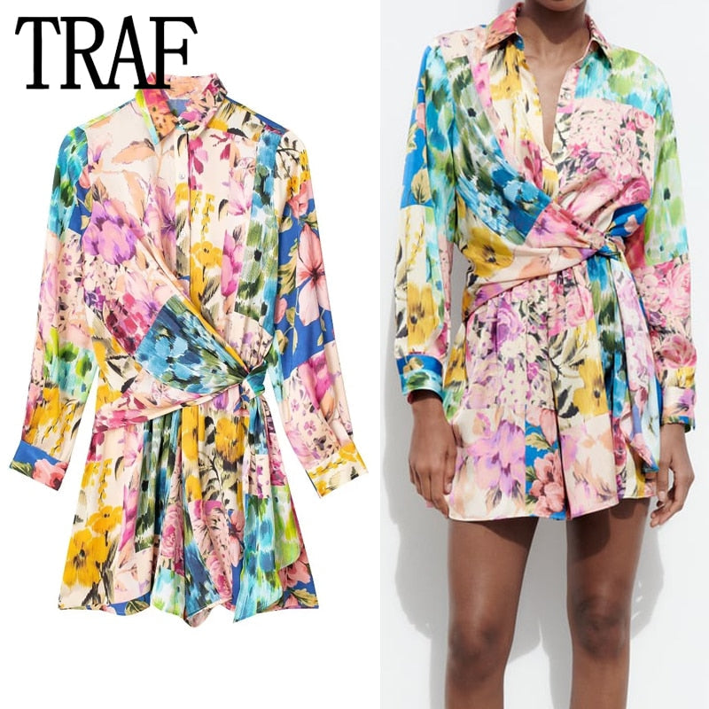 2024 Woman Short Playsuit Patchwork Print Female Jumpsuit Knot Long Sleeve Women's Summer Playsuit Beach Women Jumpsuits