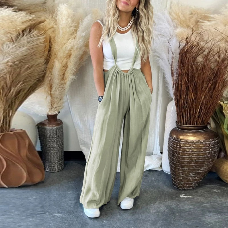 2024 Women Casual Sling All-Match Jumpsuits Retro Female Wide Leg Pants Pockets Overalls Fashion Summer Loose Streetwear Rompers Light Green
