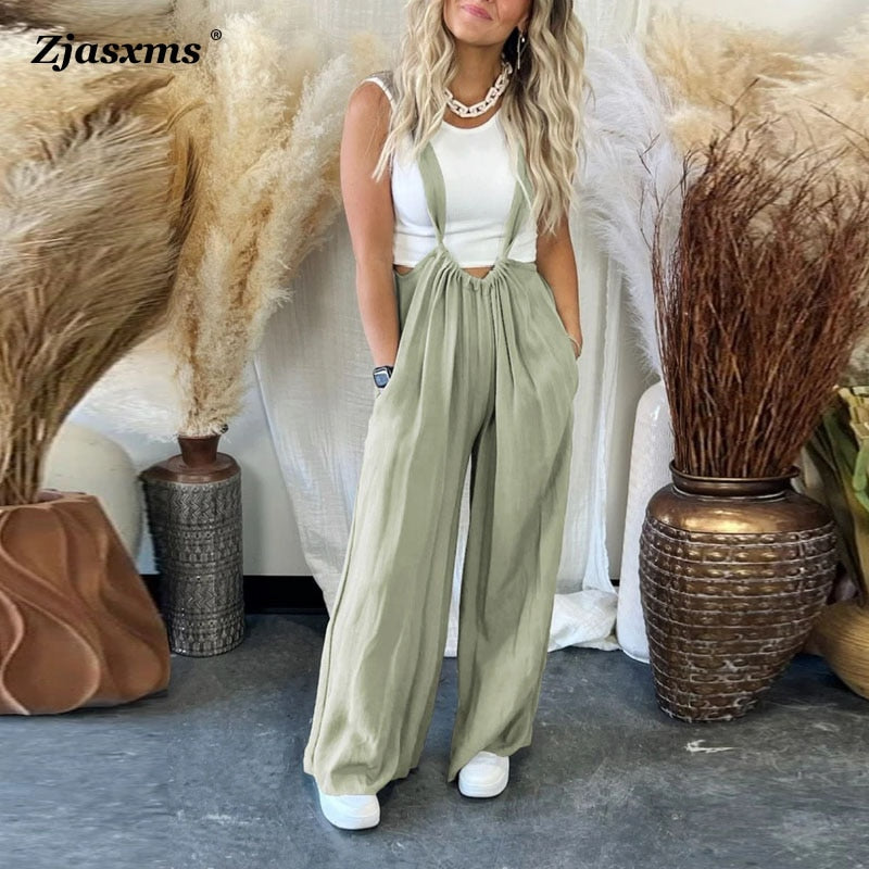 2024 Women Casual Sling All-Match Jumpsuits Retro Female Wide Leg Pants Pockets Overalls Fashion Summer Loose Streetwear Rompers AMAIO