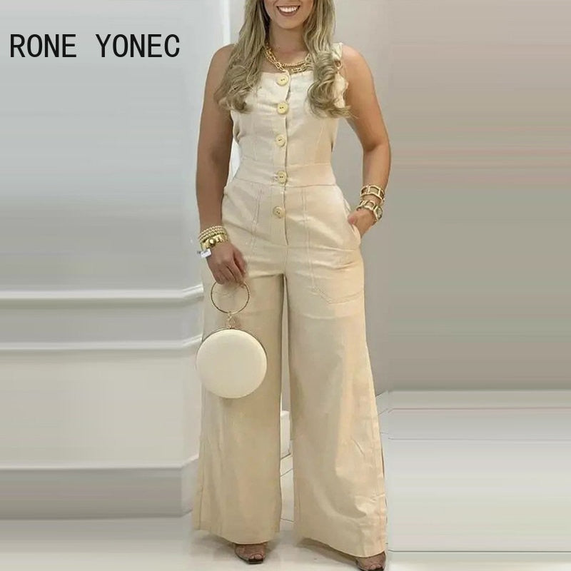 2024 Women Elegant Sexy Solid Thick Straps Button Pocket Sleeveless Straight Silt Casual Jumpsuit Khaki