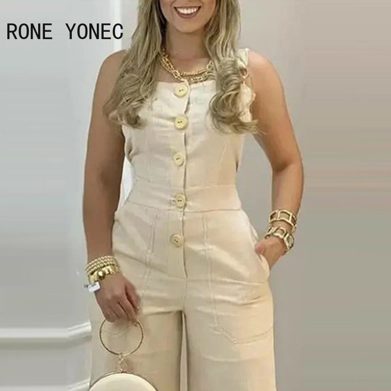 2024 Women Elegant Sexy Solid Thick Straps Button Pocket Sleeveless Straight Silt Casual Jumpsuit