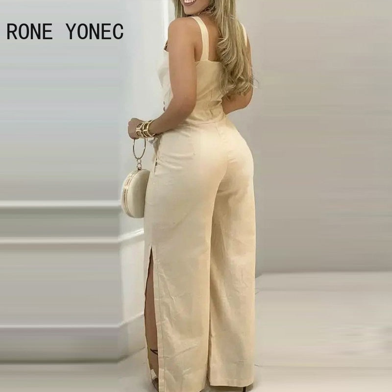 2024 Women Elegant Sexy Solid Thick Straps Button Pocket Sleeveless Straight Silt Casual Jumpsuit